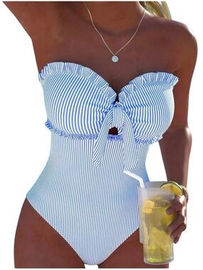 NEW Shein Women’s Blue and White Striped Lace Ruffle One-Piece Swimsuit size XL